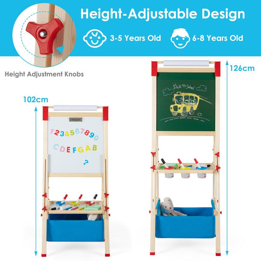 Adjustable kids art easel featuring magnetic boards and accessories for creative exploration at home.