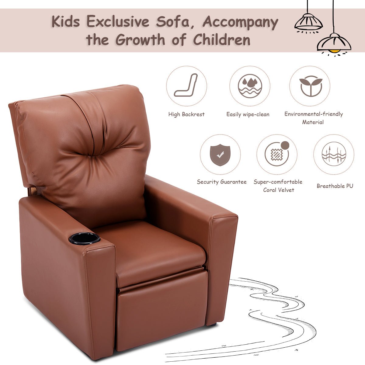 Brown Kids Lounge Chair: Comfortably Adjustable with High Backrest and Armrest