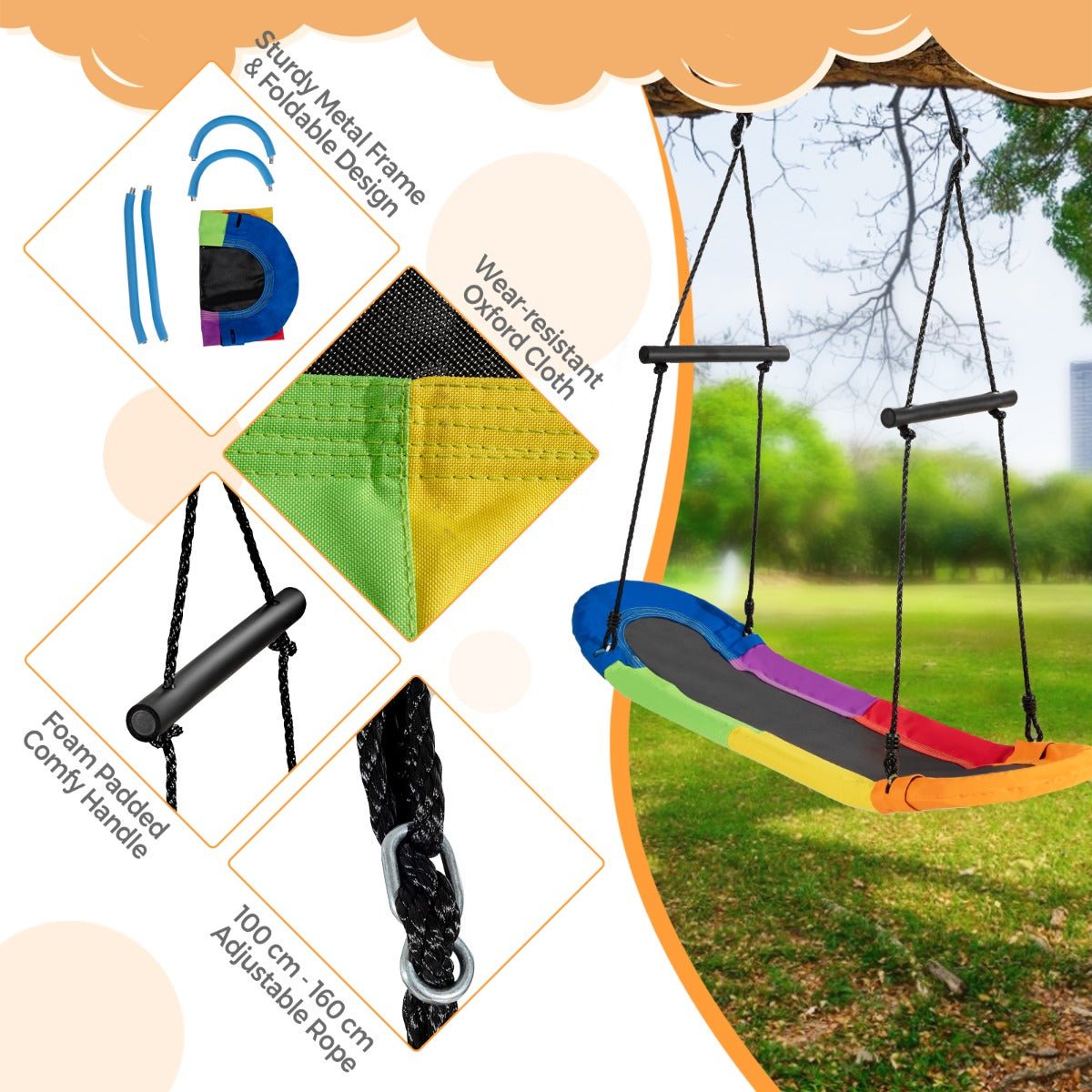 Imaginative Swing: Multi Colour Oval Swing, Adjustable Platform, Soft Handles