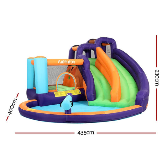 Inflatable water slide with dual slides for kids splash fun in backyard play.