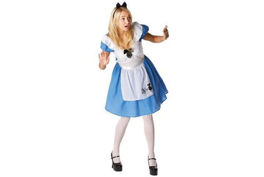 Disney Alice in Wonderland adult costume and headband, ideal for childrens dress-up play.