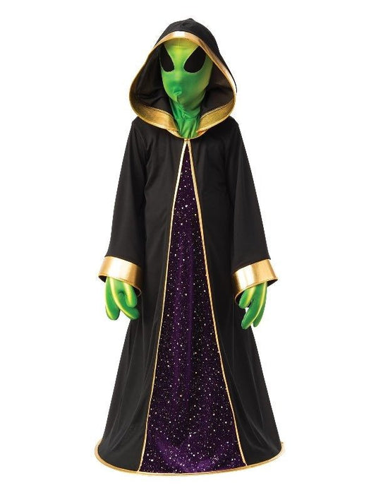 Kids Alien Halloween costume with 3D gloves for playful dress-up at home.