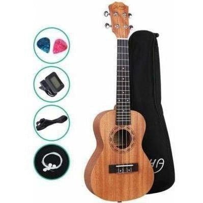 Concert ukulele made of mahogany, perfect for childrens music lessons and home practice.