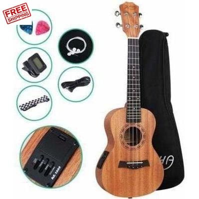 Electric Mahogany Tenor Ukulele with EQ for kids, ideal for home music practice.