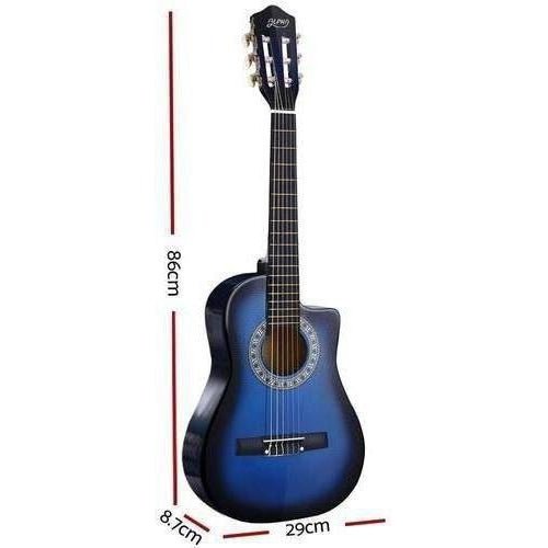 Alpha 1/2 Size Blue Acoustic Guitar for Kids, ideal for young beginners at home.