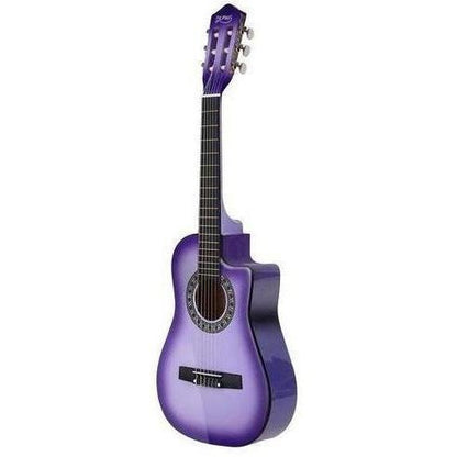 Alpha 34 purple acoustic guitar for kids, includes capo tuner. Ideal for beginner musicians.