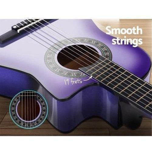 Purple 1/2 size acoustic guitar perfect for kids, includes capo tuner for easy tuning.