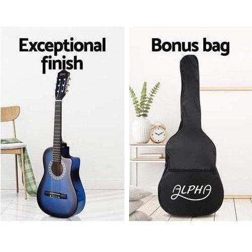 Alpha 34 Inch Guitar Acoustic Kids 1/2 Size Blue with Capo Tuner