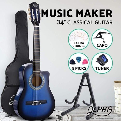 Kids blue 1/2 size acoustic guitar set with capo tuner, ideal for young beginners.