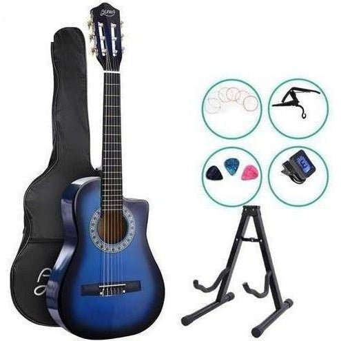 Blue 1/2 size acoustic guitar for kids with capo tuner, ideal for home music practice.