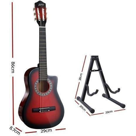 Kid-friendly red 1/2 size acoustic guitar set with capo tuner for young musicians.