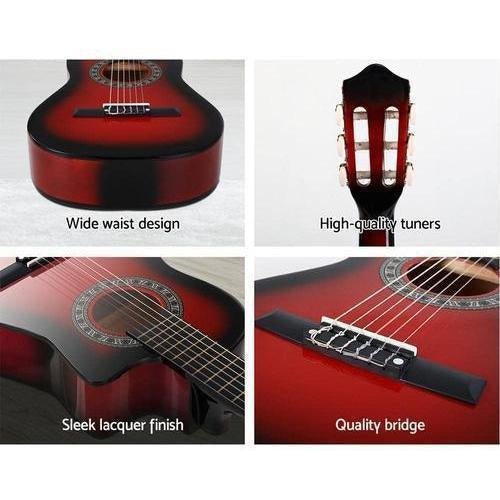 Alpha 34 Inch Guitar Acoustic Kids 1/2 Size Red with Capo Tuner