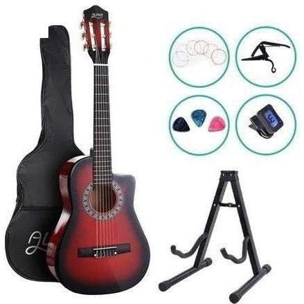 Red 1/2 size acoustic guitar for kids with capo tuner, perfect for home music practice.