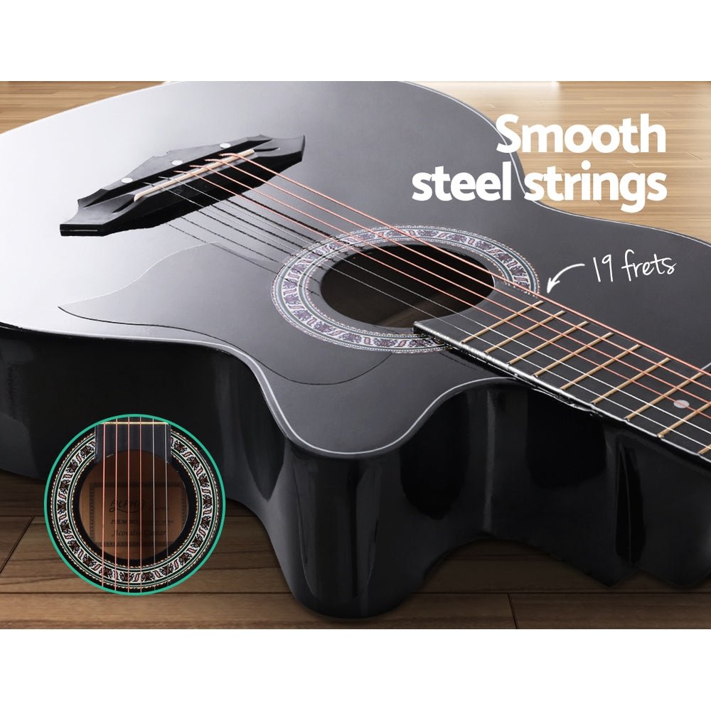 ALPHA 38 Black Acoustic Guitar Kit for Kids with Accessories, perfect for young beginners.