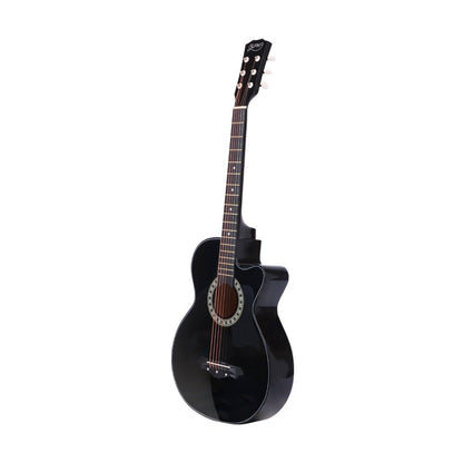 ALPHA 38-Inch Black Acoustic Guitar for Kids, Beginner-friendly with accessories, ideal for home practice.