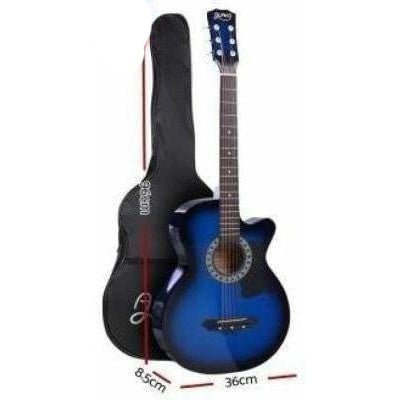 Blue 38-inch wooden acoustic guitar for kids, perfect for music learning at home.