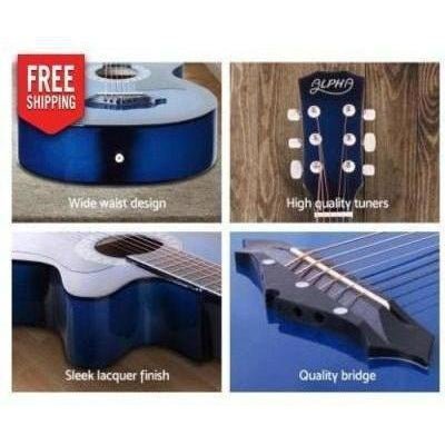 Blue 38 wooden acoustic guitar for kids, perfect for home music practice and fun.