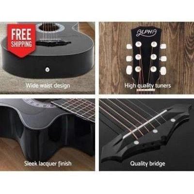 Alpha 38 Inch Wooden Acoustic Guitar with Black Accessories Set for kids musical fun at home.