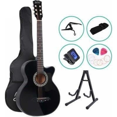 Kids 38 black wooden acoustic guitar set with accessories, ideal for home music practice.