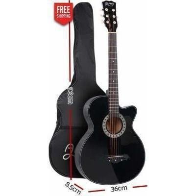 Alpha 38 Wooden Acoustic Guitar in sleek black finish with accessories for childrens musical play.