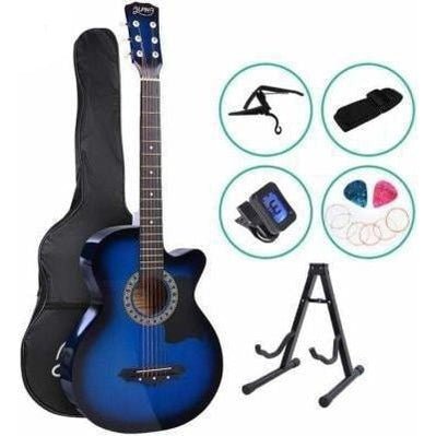 Blue 38 wooden acoustic guitar with accessories set, ideal for childrens musical exploration.