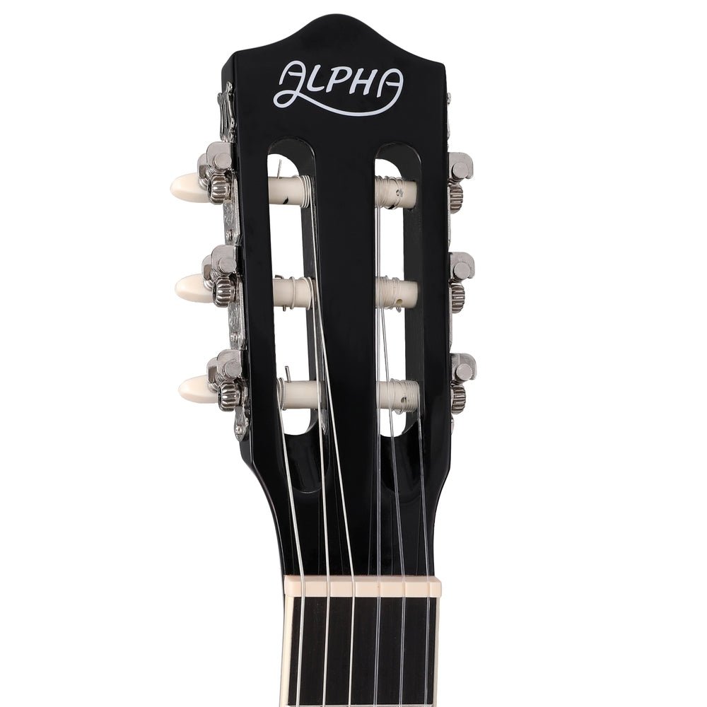 Black Alpha 39 classical guitar designed for children. Ideal for beginners at home practice.