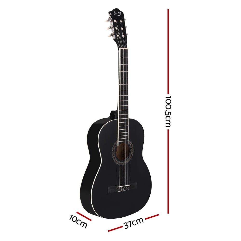 Alpha 39 Inch Childrens Classical Guitar in Black, perfect for beginner musicians at home.