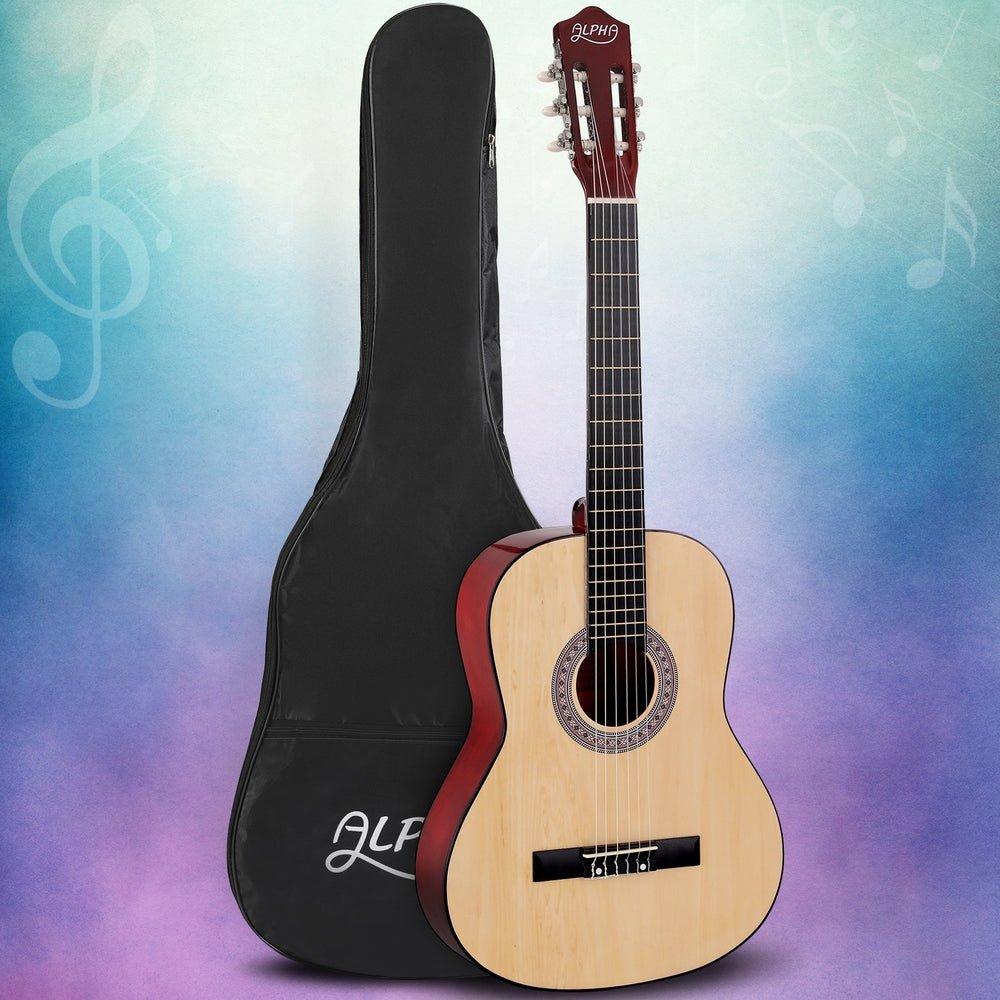 Alpha 39 Inch Classical Guitar Wooden Body Nylon String Beginner Gift Natural - Kids Mega Mart