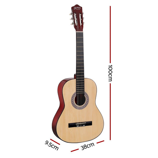 Alpha 39 Inch Natural Classical Guitar for kids, beginner-friendly, ideal for home practice.