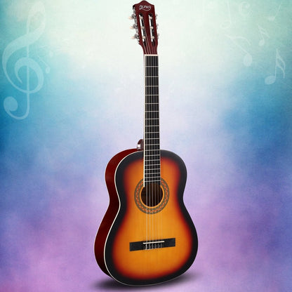 Alpha 39 Inch Classical Guitar in Sunburst, perfect for kids learning guitar at home.