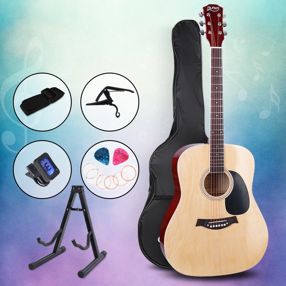 Alpha 41 Inch Acoustic Guitar with Accessories | Natural Colour
