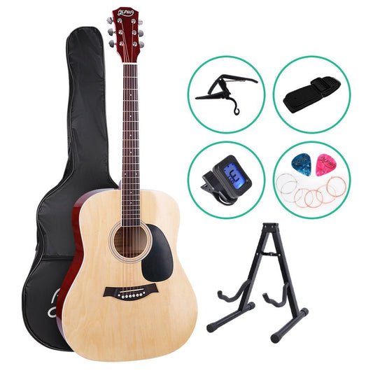 Alpha 41 Acoustic Guitar with Accessories, Natural Wood - Ideal for childrens music learning at home.