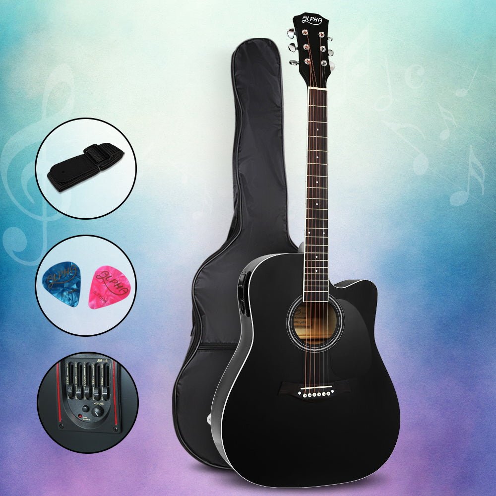 Alpha 41-Inch EQ Electric Acoustic Guitar in Black Dreadnought design for kids home play.