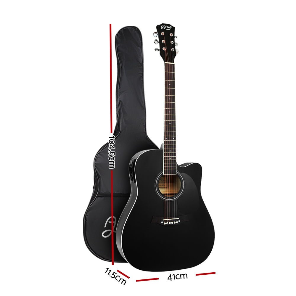 Black dreadnought electric acoustic guitar with 5-band EQ, ideal for childrens musical exploration.