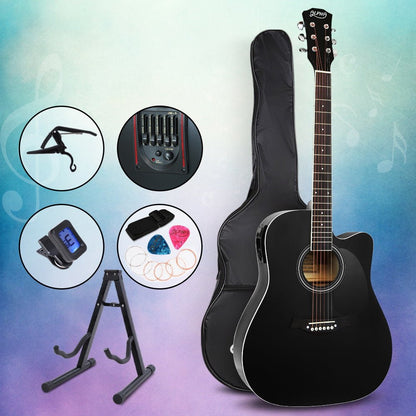 Electric acoustic guitar set with EQ in kid-friendly size and aesthetic, perfect for beginners