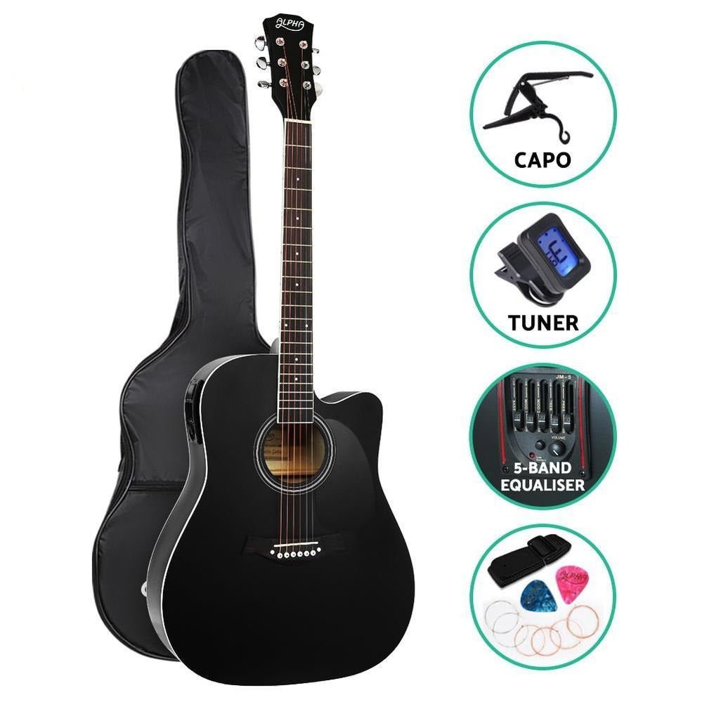 Alpha 5-Band EQ 41-Inch Electric Acoustic Guitar Set in Acc Black, ideal for child beginners.