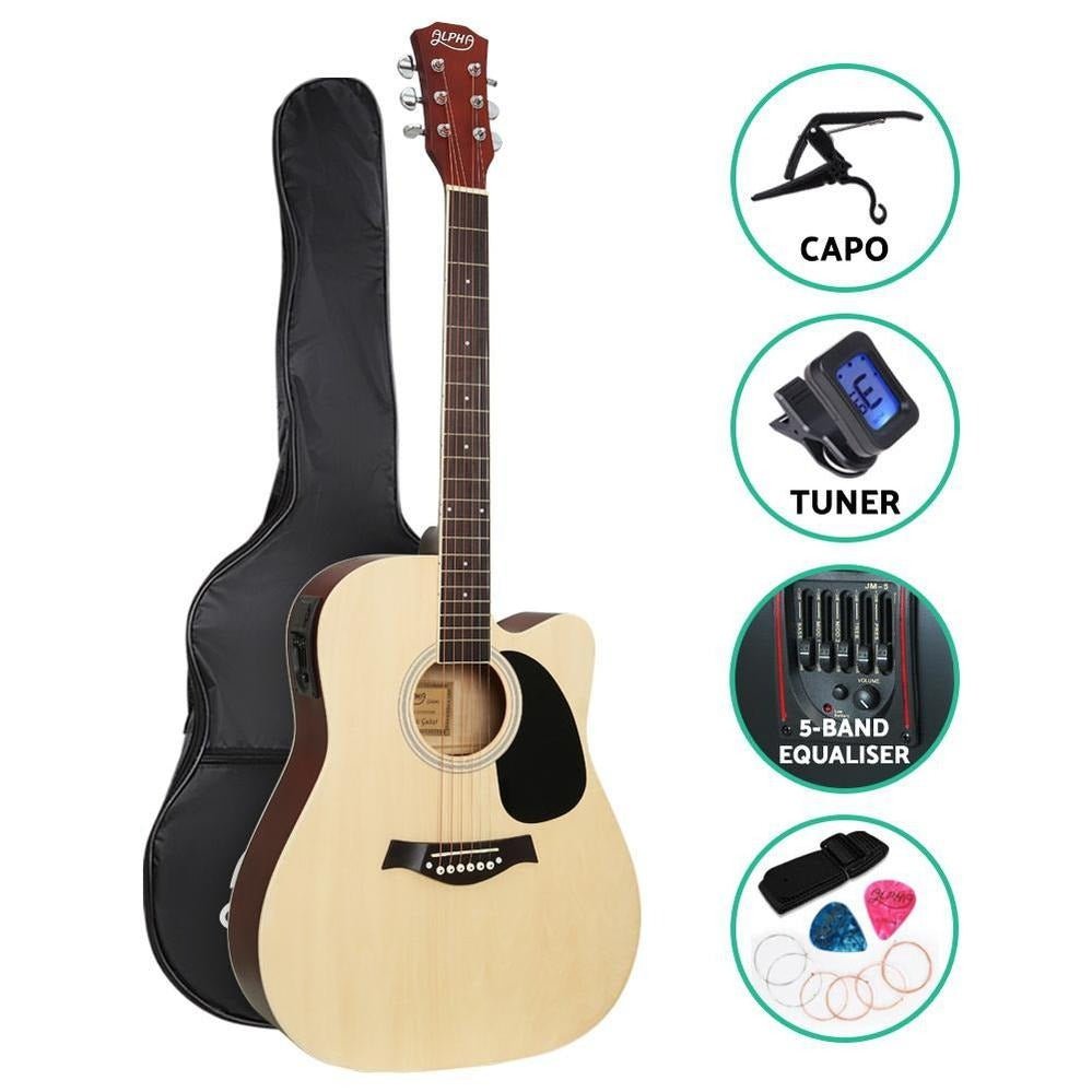Alpha 41 Inch Electric Acoustic Guitar Wooden Capo Tuner Bass Natural | Kids Mega Mart | Shop Now!