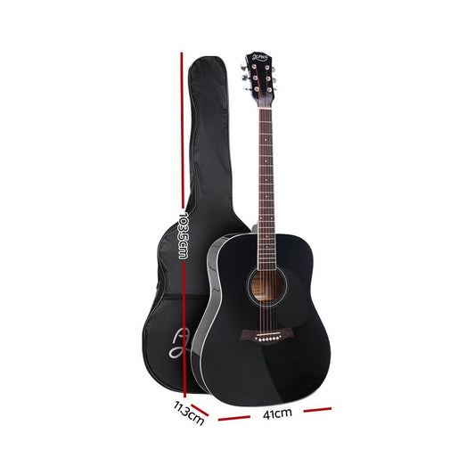 Alpha 41 kids black wooden acoustic guitar for home music practice and enjoyment.