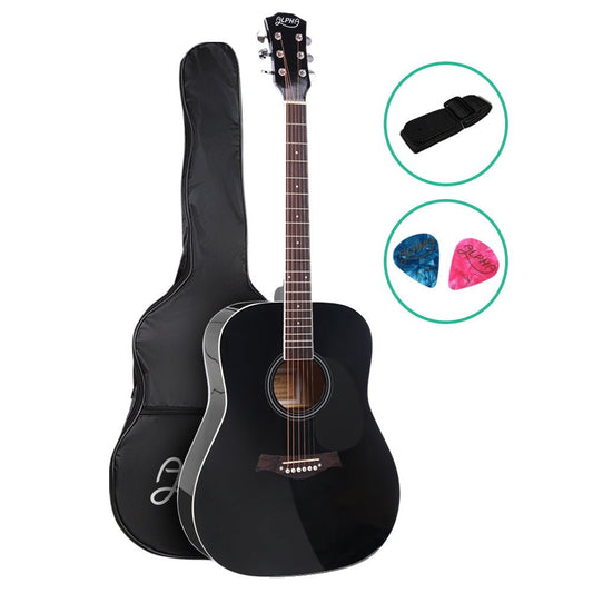 Alpha 41 Black Acoustic Guitar for kids, featuring wooden construction for music-loving youngsters.