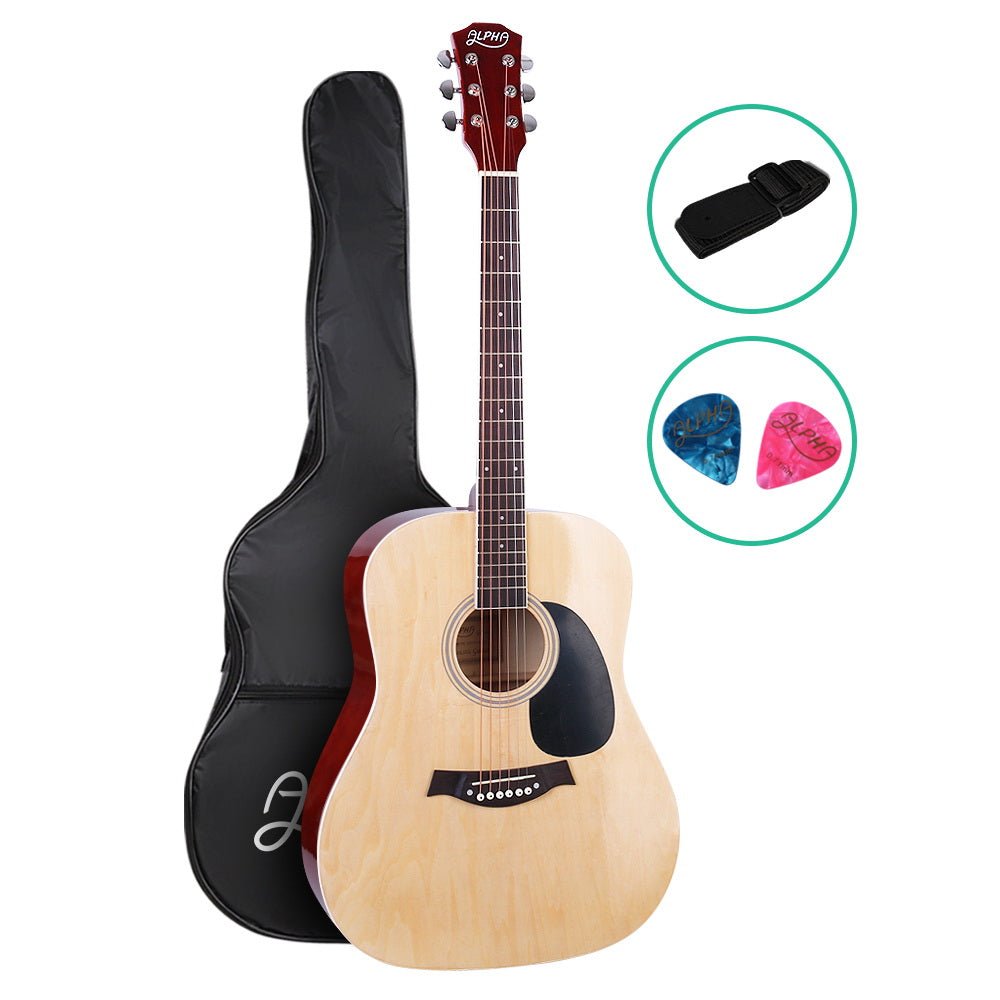 Alpha 41 Wooden Acoustic Guitar in Natural Wood for Kids Beginner Music Exploration.