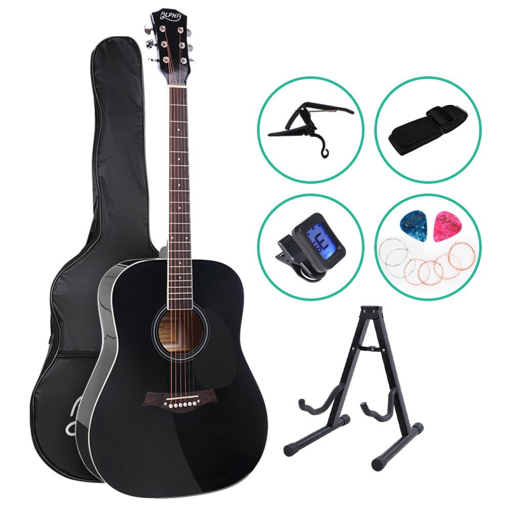Alpha 41 Inch Wooden Acoustic Guitar with Accessories in Black