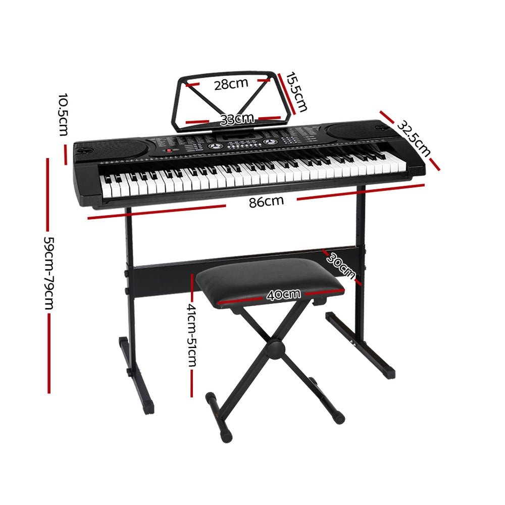 Kids 61-key digital piano w/ stand and stool in sleek black design for learning.