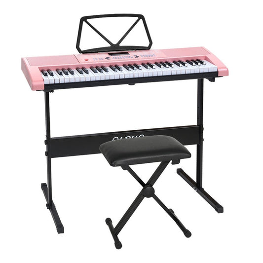 Alpha 61 Key Digital Piano in charming Pink with Stand and Stool for kids.