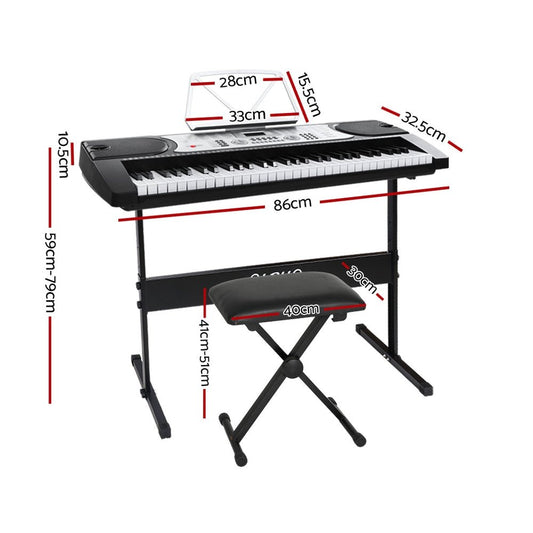 Silver electronic piano keyboard with stand and stool for kids at-home music practice.