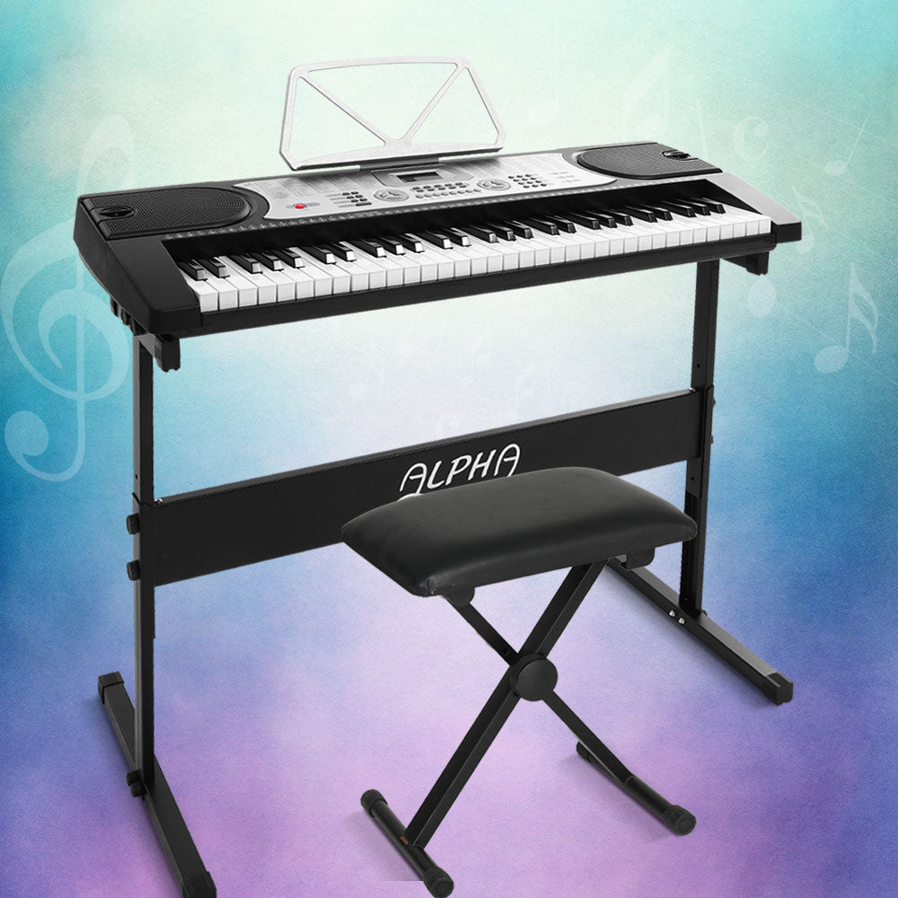 Silver electronic piano keyboard with stand and stool for childrens musical education at home.