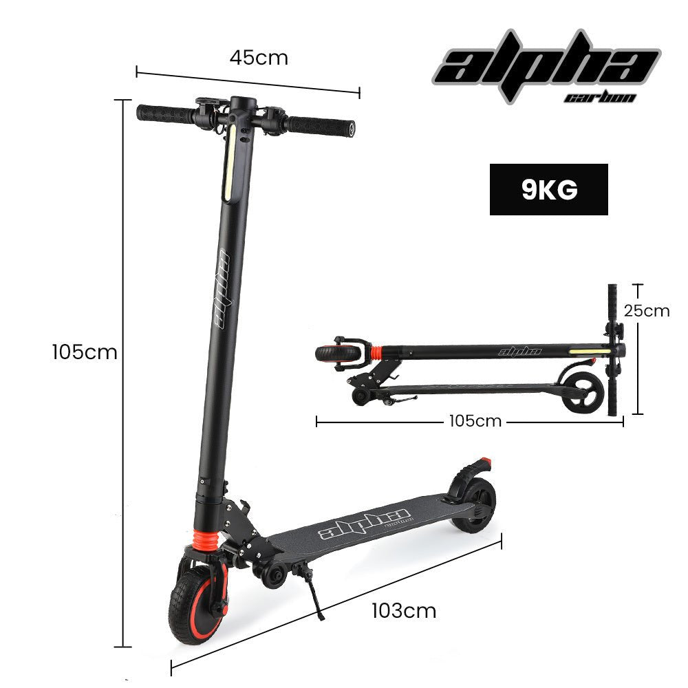 Black and red Alpha Carbon Gen III 250W Electric Scooter for adults/teens, ideal for home use.