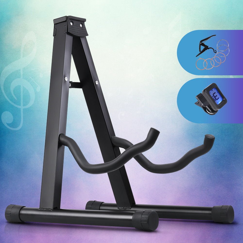 Homeschool-friendly ALPHA folding acoustic guitar stand for kids, space-saving storage. Ideal home music accessory.