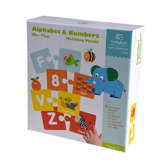 Colorful alphabet and number matching puzzle game for kids interactive learning at home.