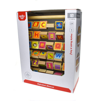 Wooden alphabet blocks abacus for educational play, perfect for childrens learning at home.