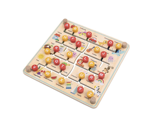 Colorful alphabet and farm-themed maze board for educational play at home.